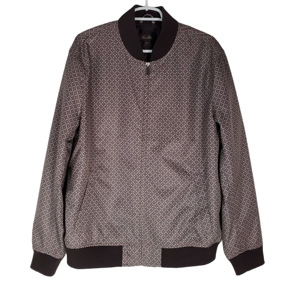 Tasso Elba Bomber Geometric Pattern Full‎ Zip Jacket Brown White Mens Large